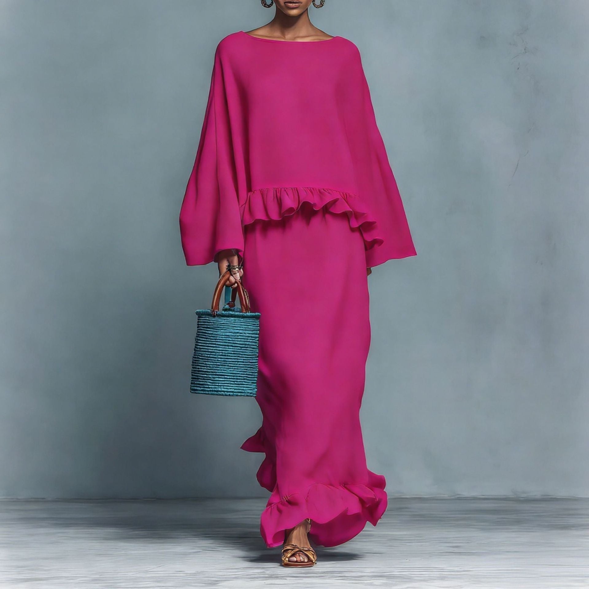 Women's long sleeve top and irregular hem skirt set by Plush Fashion Hub, elegant solid color matching two-piece ensemble.