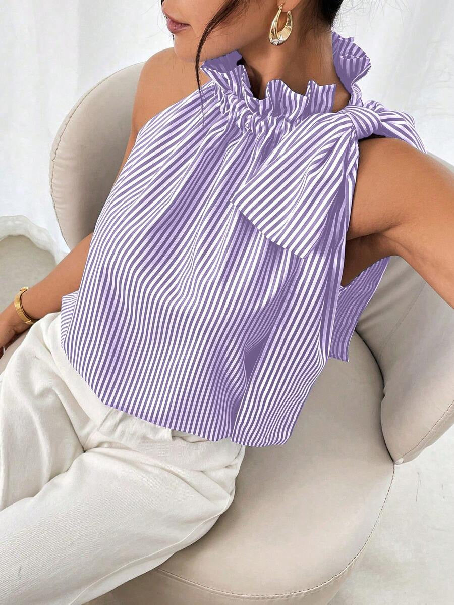 Women's striped sleeveless blouse with ruffle high neck, lace trim, and tie-knot bow by Plush Fashion Hub.