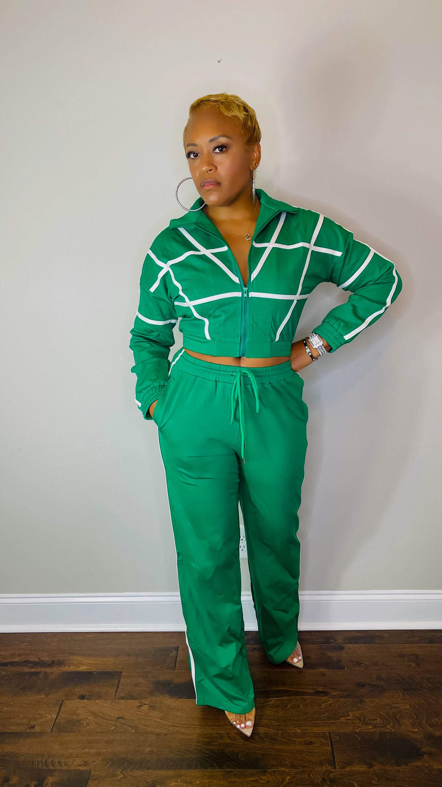 Green Tracksuit with White Contrasting Stripes The Bella Noire Store