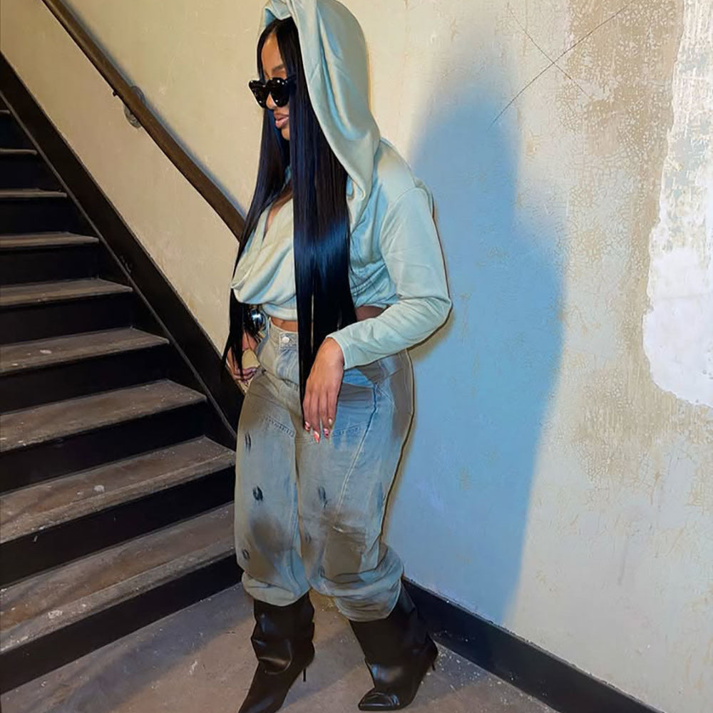 Vintage Distressed Denim Pants for Women, Washed Painted Dirty Look Long Jeans, Autumn Winter New Style