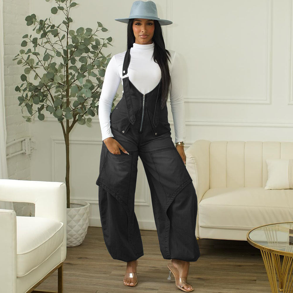 Women's Denim Overalls Street Casual Zipper Wide-Leg Jumpsuit