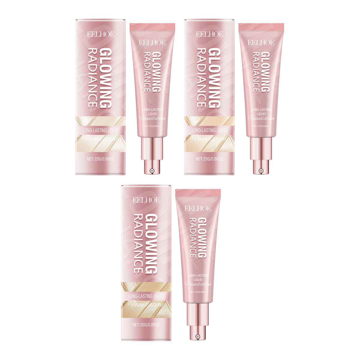Three pink Eelhoe Glowing Radiance liquid foundation tubes with pump dispensers, shown alongside matching boxes.