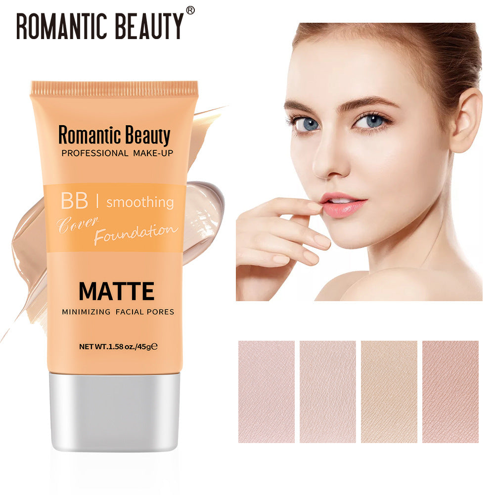 Romantic Beauty orange and silver plastic matte smoothing foundation tube with four skin tone swatches.