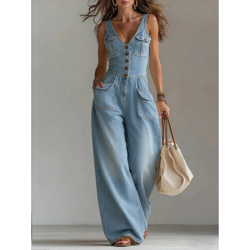 Women's Washed Denim Straight-Leg Loose Sleeveless Strap Jumpsuit