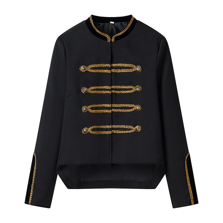 Eprolo irregular waist cinched long-sleeved short jacket with a unique design and fitted silhouette.