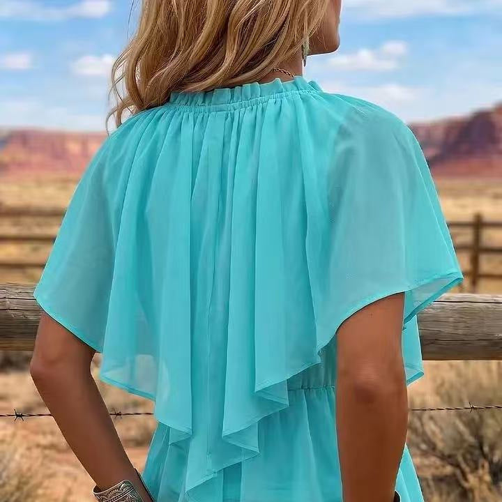Eprolo style cross V-neck chiffon blouse with pleats, ruffle flare sleeves, waist-cinching hem, and slim fit design.