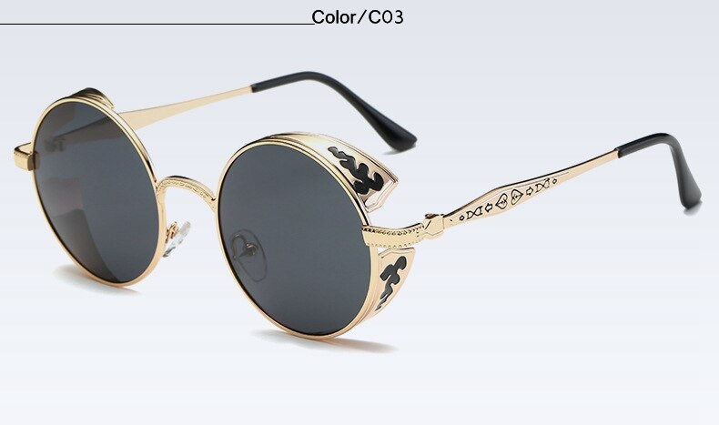 Fashion polarized steampunk sunglasses by FitiqueFit featuring vintage-inspired metal frames and dark tinted lenses.