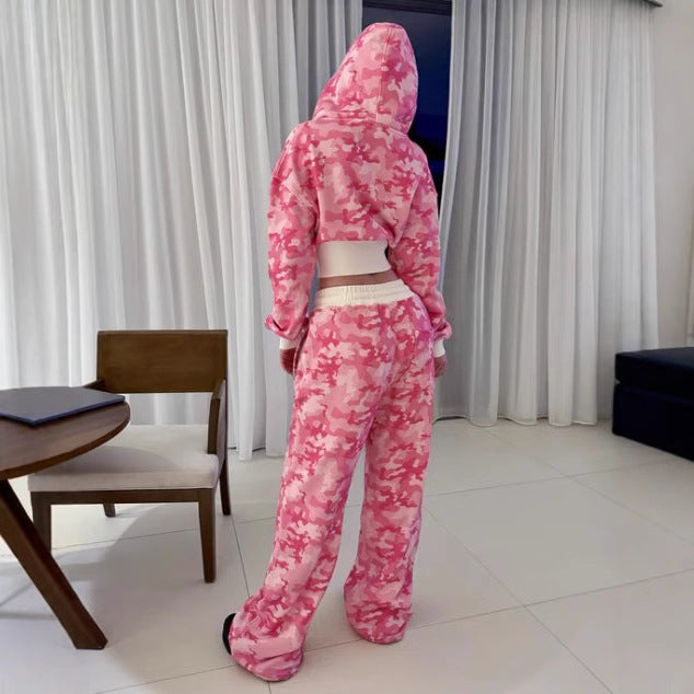 Style Pink Camouflage Print Casual Set High Street Hip-Hop Zipper Jacket with Tie Waist Pants