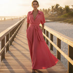 Women's solid color waist-slimming maxi dress with flip collar by FitiqueFit, featuring a sleek, fitted silhouette and elegant design.