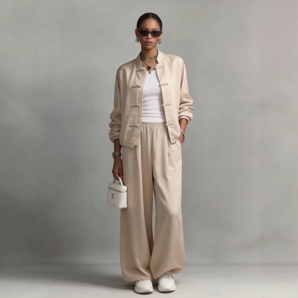 Women's satin two-piece set with frog button jacket and wide-leg pants by Plush Fashion Hub, shown in a stylish, elegant design.