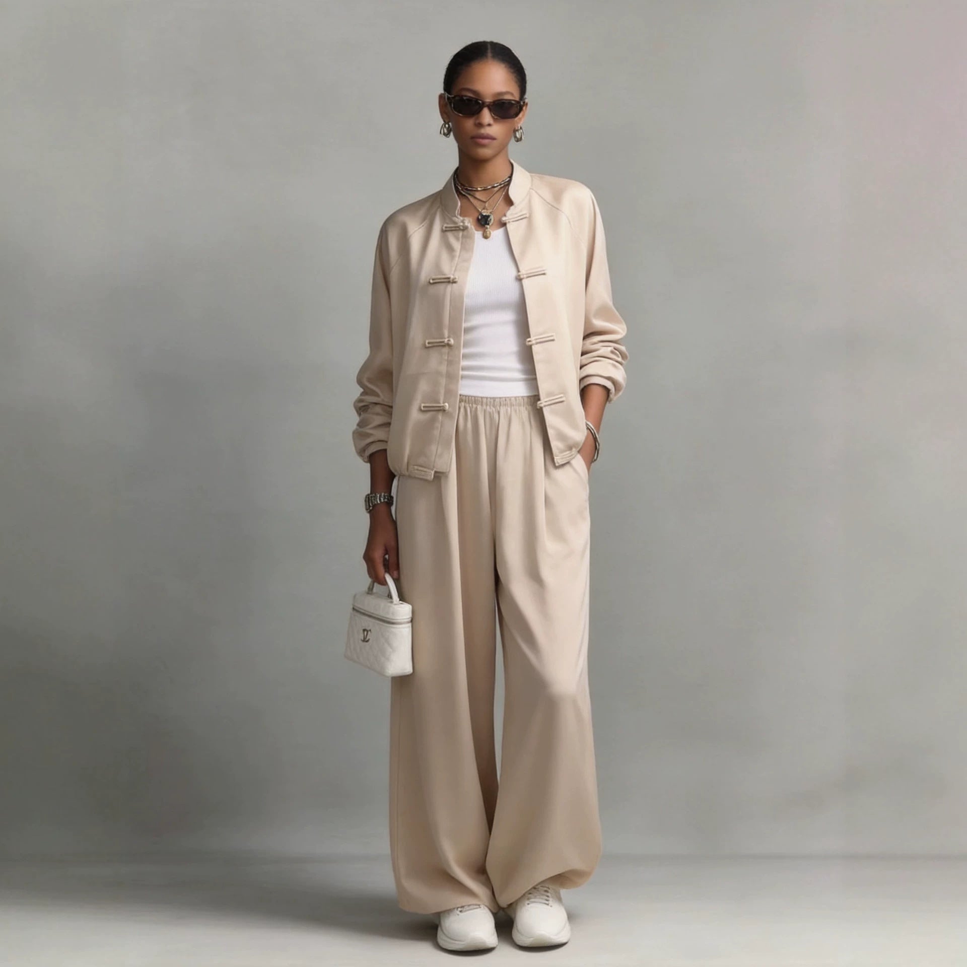 Women's satin two-piece set by FitiqueFit featuring a frog button jacket and wide leg pants, stylish and elegant for casual or dressy wear.