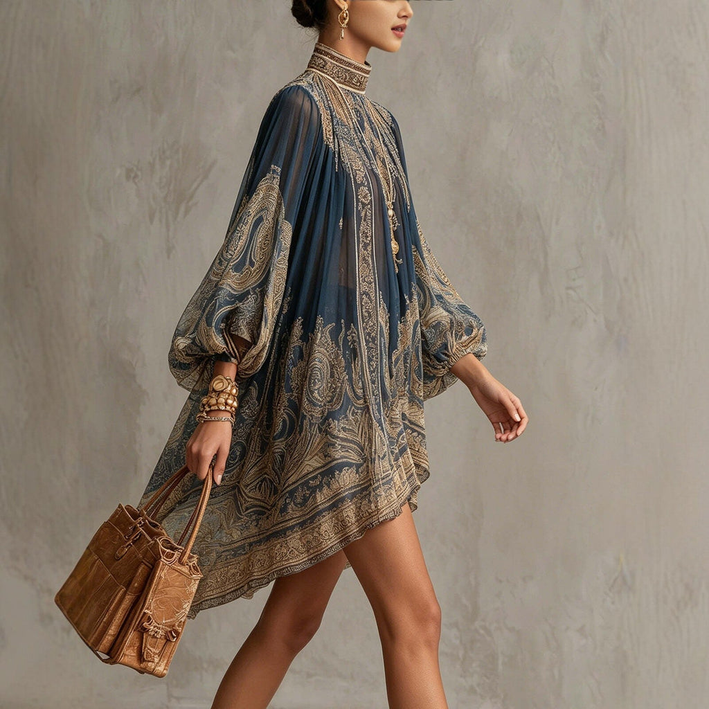 Navy blue printed puff sleeve dress with stand collar and asymmetric hem, loose boho style for women by FitiqueFit.