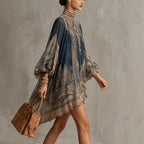 Navy blue printed puff sleeve dress with stand collar and asymmetric hem, loose boho style for women by FitiqueFit.