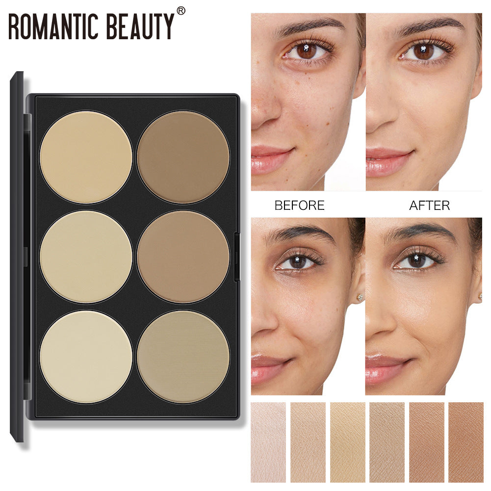 Romantic Beauty six-shade powder contour and highlight palette in a black plastic case, with before and after model photos.