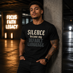 Black gothic quote T-shirt by Wear Your Worship with "Silence Became My Default Language" printed in white text.