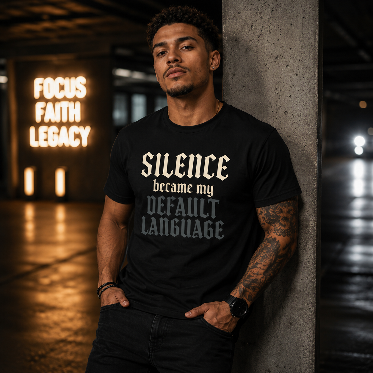 Black gothic quote T-shirt by Wear Your Worship with "Silence Became My Default Language" printed in white text.