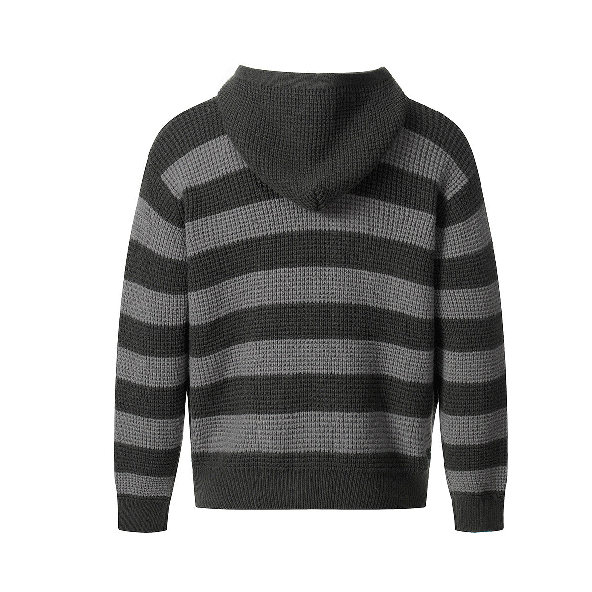 Back view of a knit hooded sweater in dark grey and grey stripes with ribbed hem and cuffs.