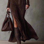 Women's Suede Velvet Zip-Front Fishtail Maxi Dress – Long Sleeve High Waist Mermaid Hem