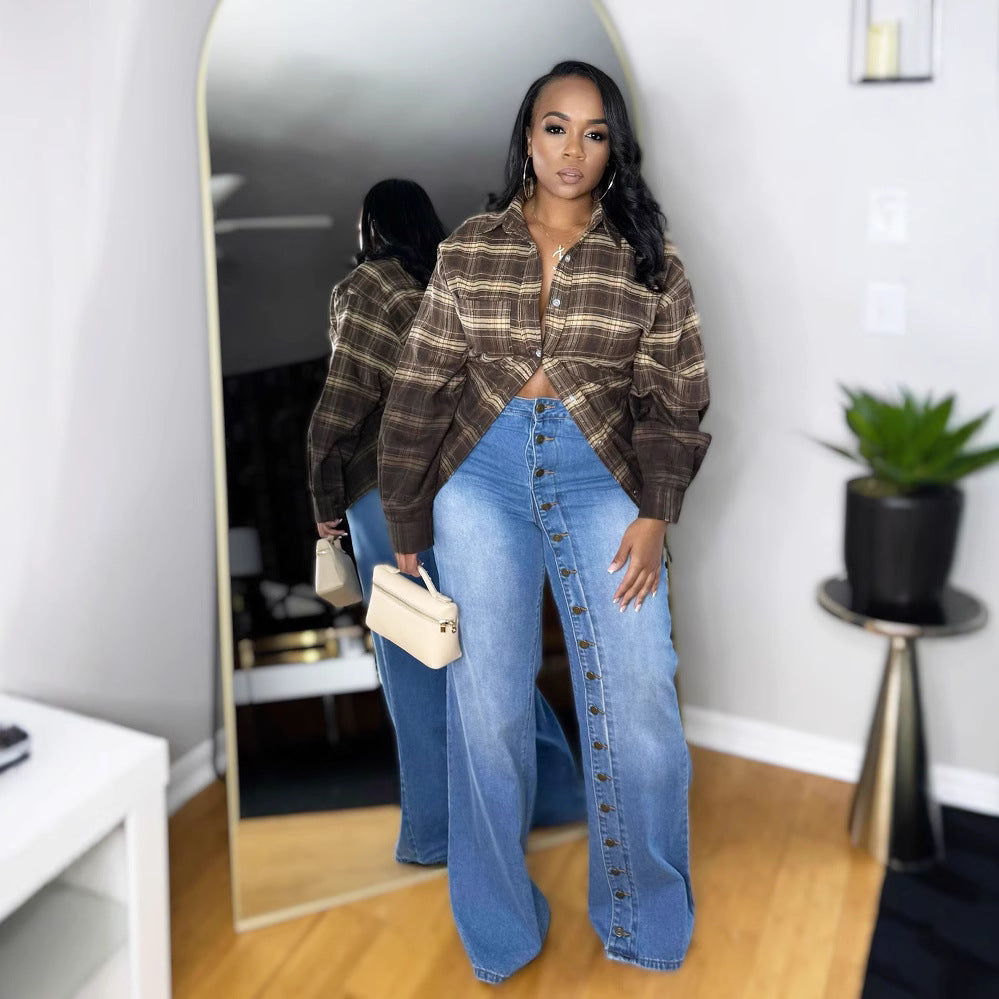 Heavy-duty straight leg jeans by Plush Fashion Hub featuring a multi-button design and durable denim fabric.