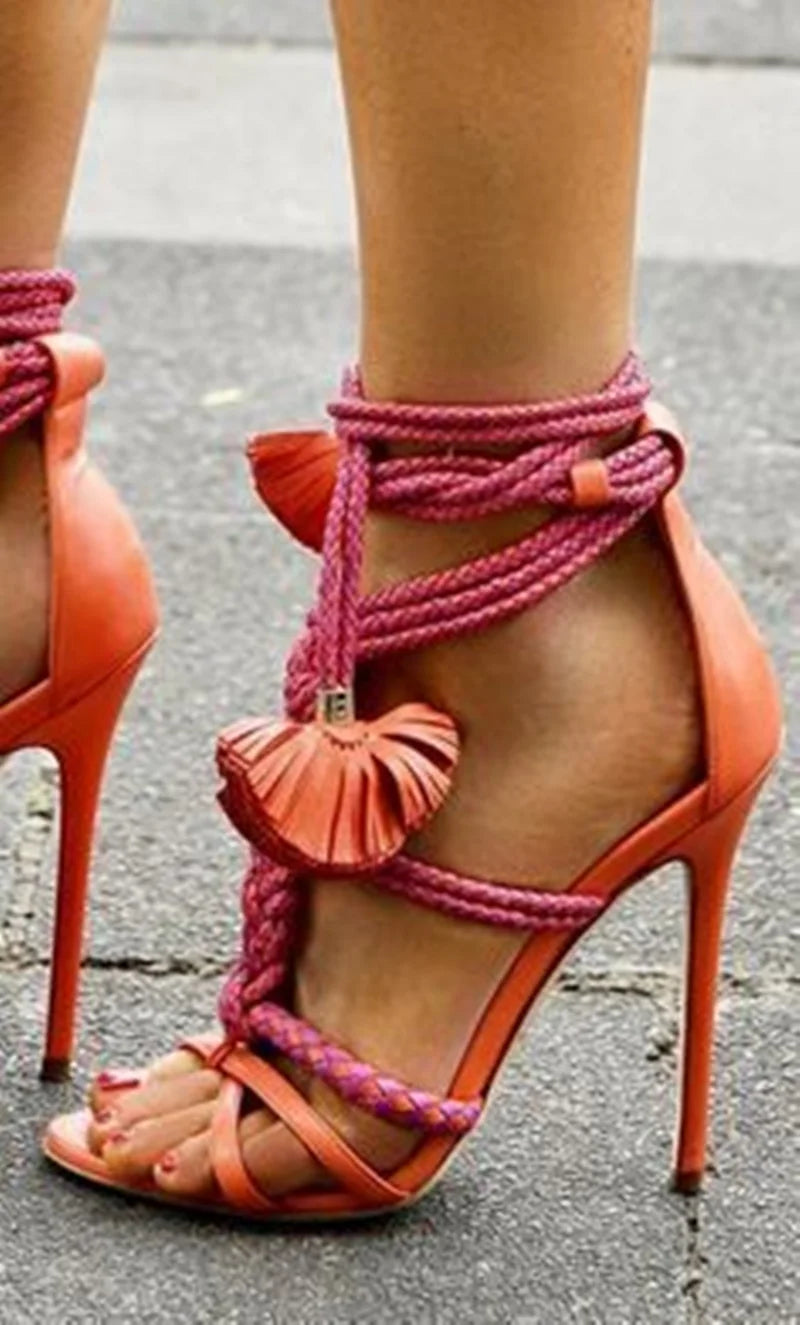 Eprolo braided stiletto lace-up heels with open toe and high heel design on a neutral background