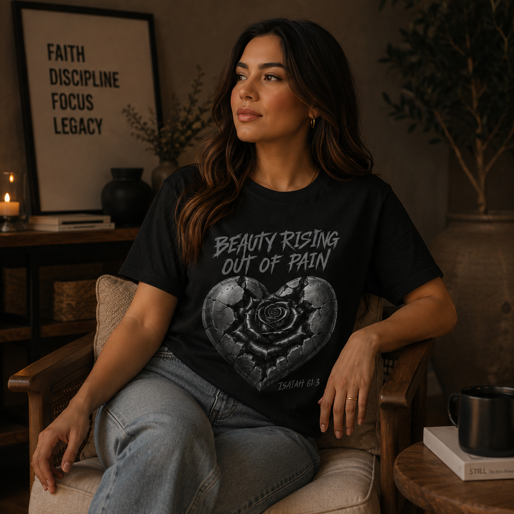 Wear Your Worship Beauty Rising Out of Pain T-shirt featuring Isaiah 61:3 from SEEN. Her. Collection, with uplifting design and comfortable fit.