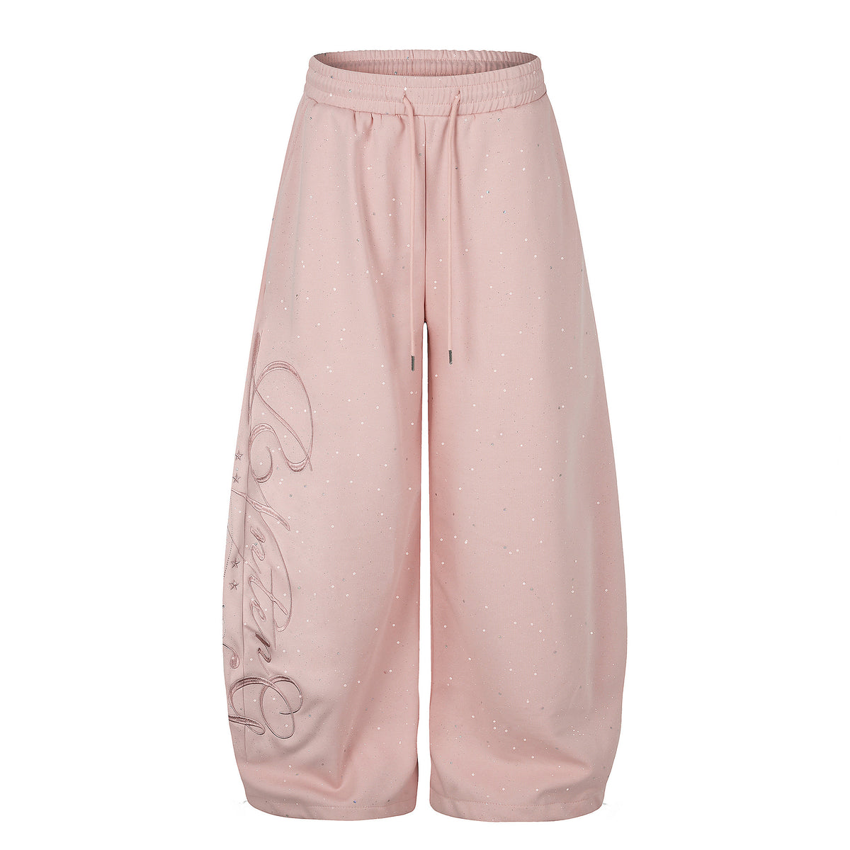 Pink wide-leg sweatpants with a drawstring waist and cursive lettering on the leg.