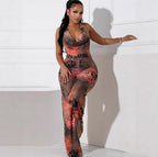 Leopard Print Floral Placement Print Halter Bodysuit for Women