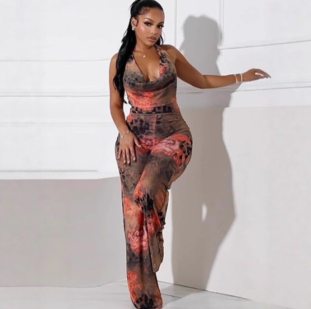 Leopard print floral halter bodysuit for women, plush fashion hub, showcasing the fitted top with floral and leopard pattern details.