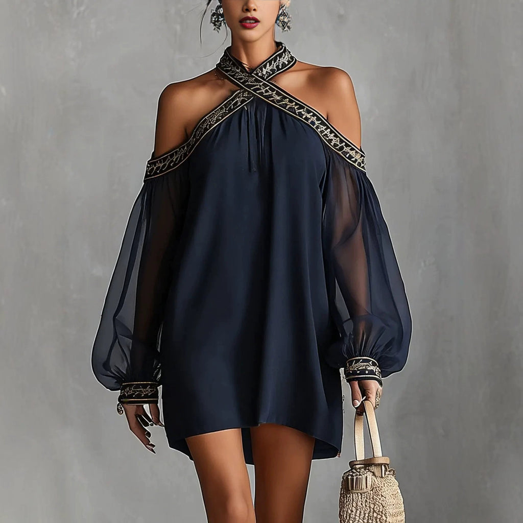 Fashion Design Embroidered Strapless Dress with Off-Shoulder Sheer Lantern Sleeve Loose Slimming Resort Style