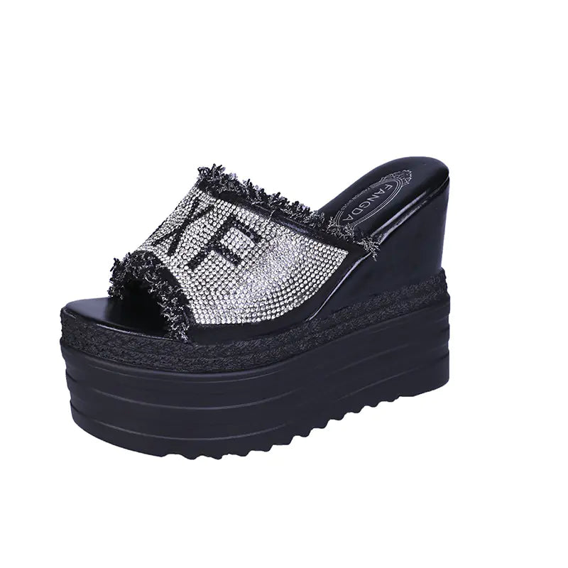 Women wedge heel platform sandals and rhinestone slippers featuring trendy design and comfortable straps.