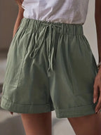 Light gray minimalist women's drawstring shorts with side pockets, casual fit, made by Trendy Attic Store01.