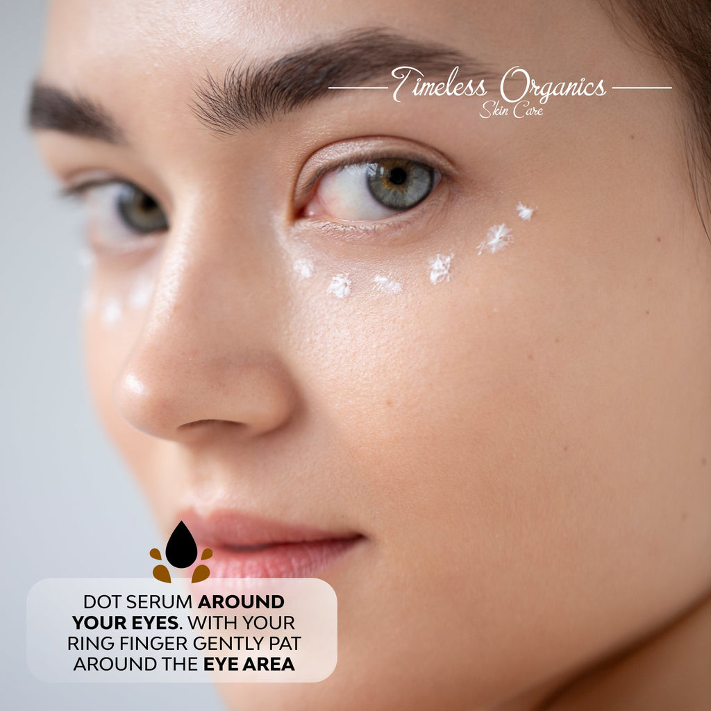 Timeless Organics Skin Care Timeless Eye Serum in a sleek bottle, designed to reduce puffiness and dark circles around the eyes.