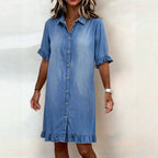 Women's faux denim ruffle-sleeve shirt dress by Plush Fashion Hub, casualwear style with ruffle details and button-front design.