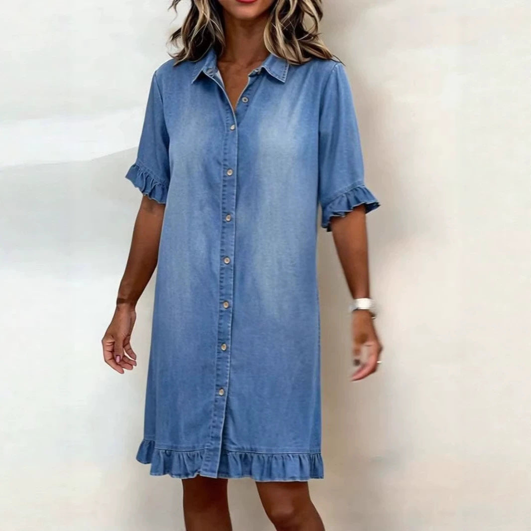 Women's faux denim ruffle-sleeve shirt dress by Plush Fashion Hub, casualwear style with ruffle details and button-front design.