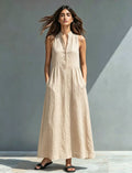 Women's FitiqueFit stand-collar A-line maxi dress with a flowy silhouette, perfect for resort and vacation style.