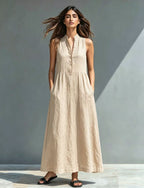 Women's FitiqueFit stand-collar A-line maxi dress with a flowy silhouette, perfect for resort and vacation style.