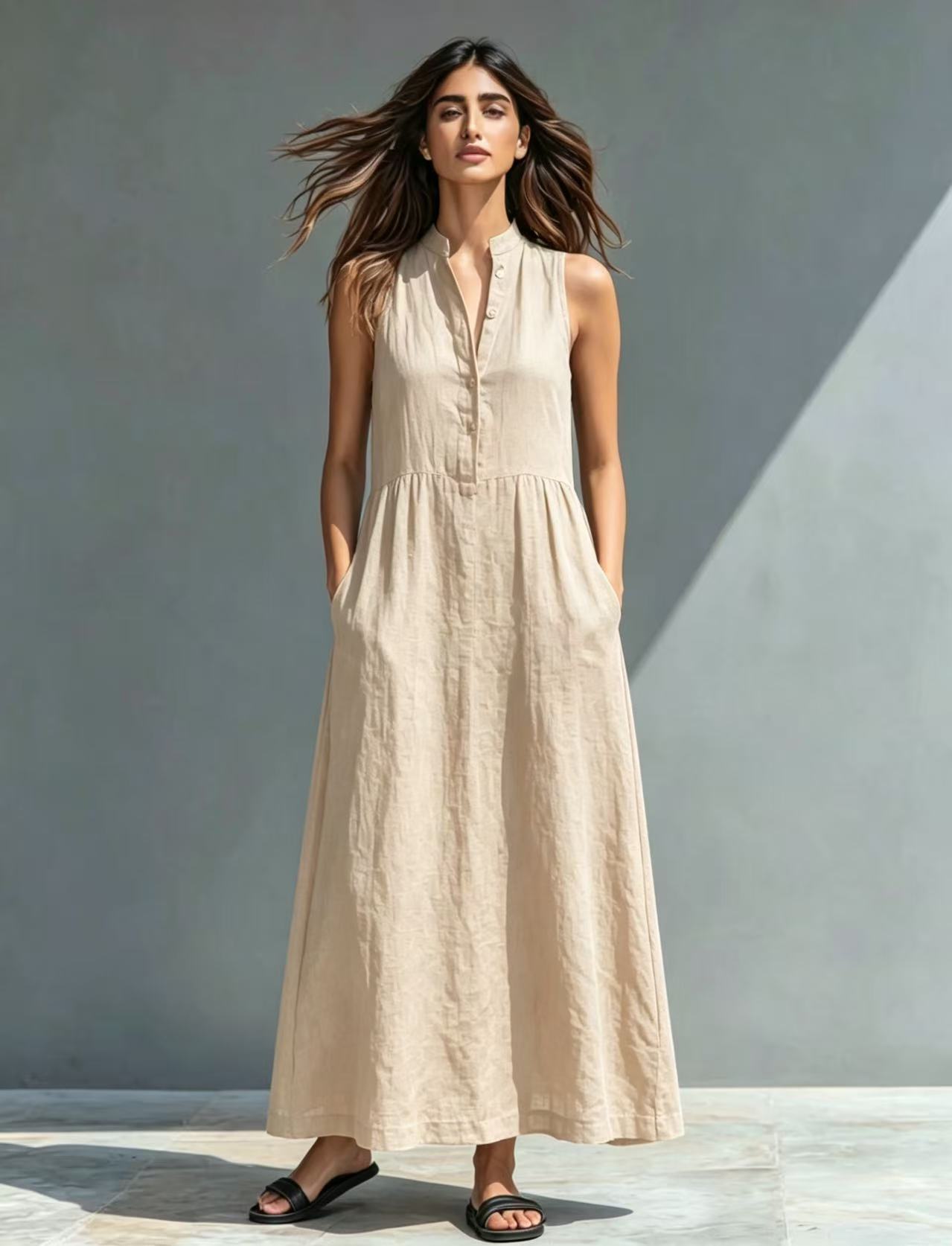 Women's FitiqueFit stand-collar A-line maxi dress with a flowy silhouette, perfect for resort and vacation style.