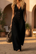 Women's linen-look V-neck jumpsuit by Plush Fashion Hub, sleeveless textured commuter style jumpsuit, perfect for casual wear.