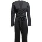 Ladies' slim fit V-neck long-sleeved jumpsuit by FitiqueFit, casualwear with a flattering silhouette and stylish design.