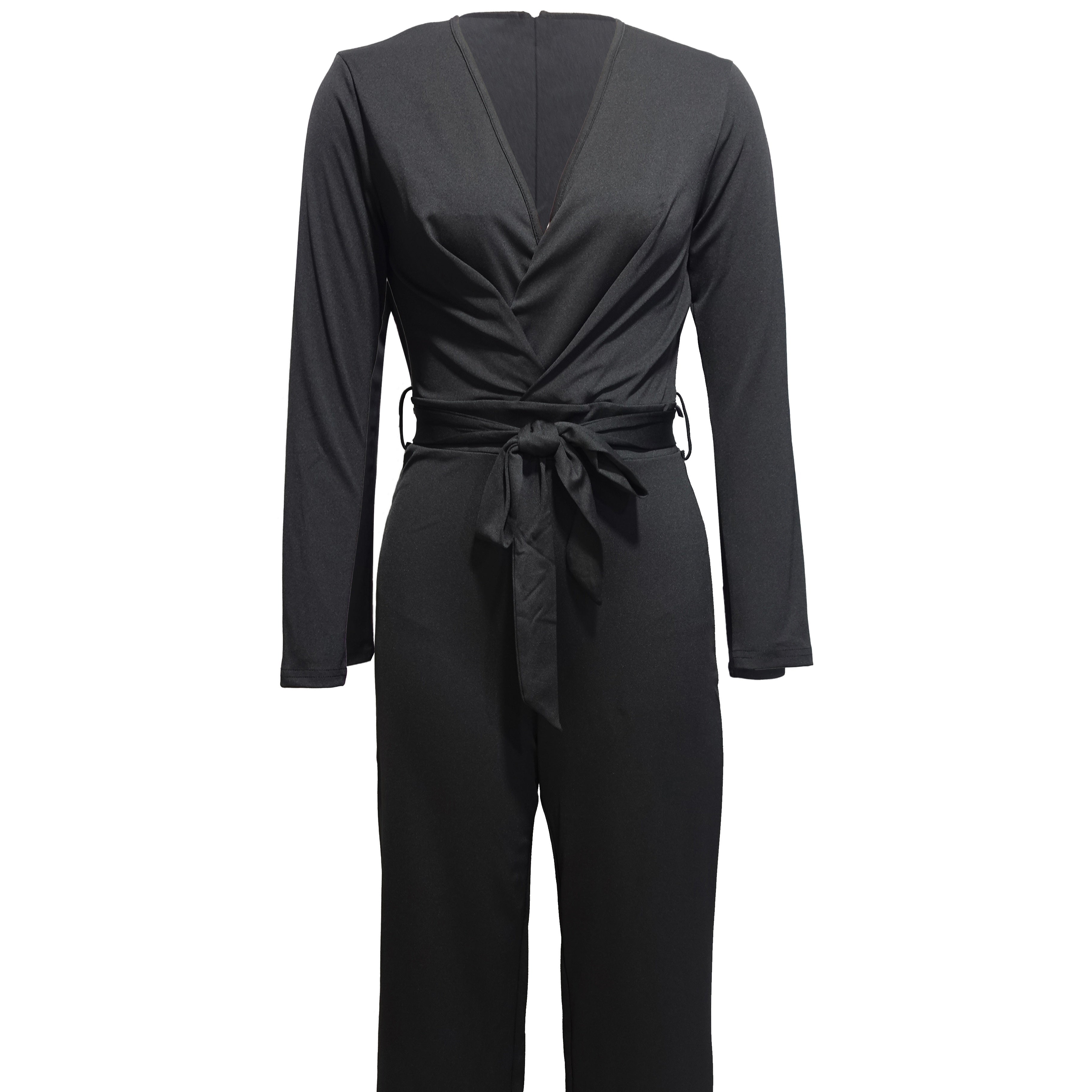 Ladies' slim fit V-neck long-sleeved jumpsuit by FitiqueFit, casualwear with a flattering silhouette and stylish design.