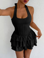 Plush Fashion Hub halter neck ruffle layered dress with flowy fabric and stylish design, perfect for summer or special occasions.