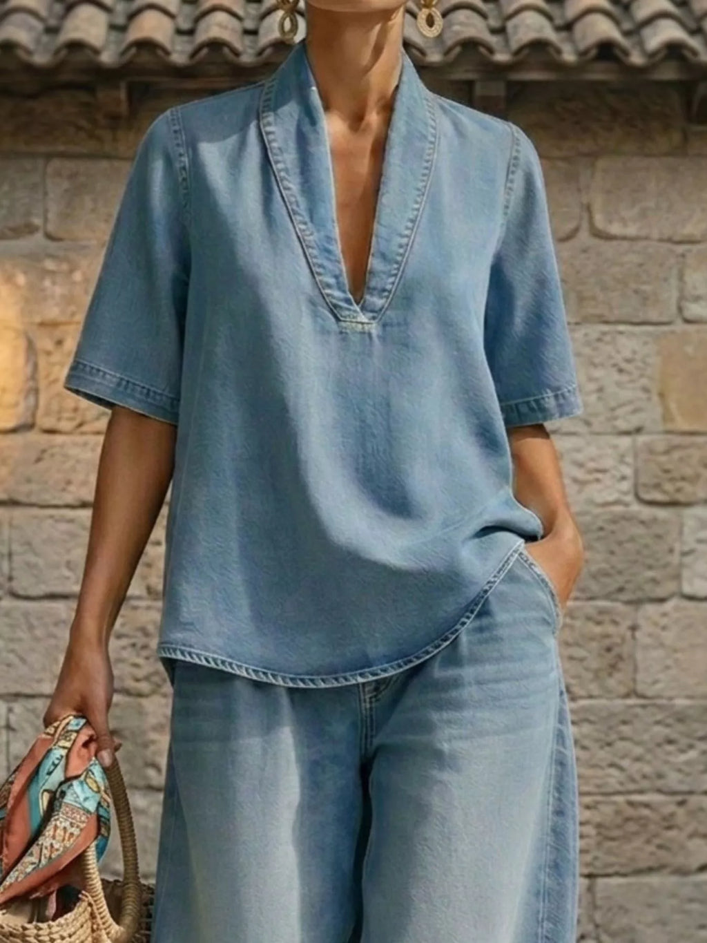 Plus size women's dress set with half sleeve top and wide leg pants by Trendsi, shown in a stylish, comfortable ensemble.