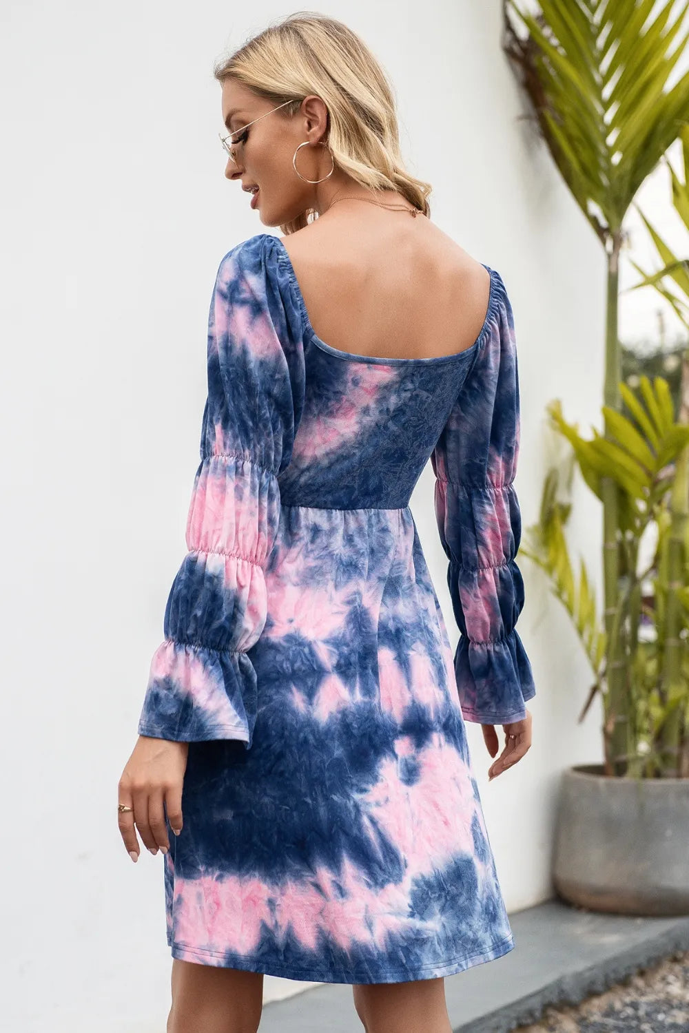 Ivy Lane Tie-Dye Square Neck Flounce Sleeve Dress showing vibrant tie-dye pattern, square neckline, and flowy flounce sleeves.