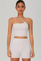 Fitglutes activewear one-shoulder crop top and shorts 2-piece set, stylish gymwear with a fitted design for workout or casual wear.