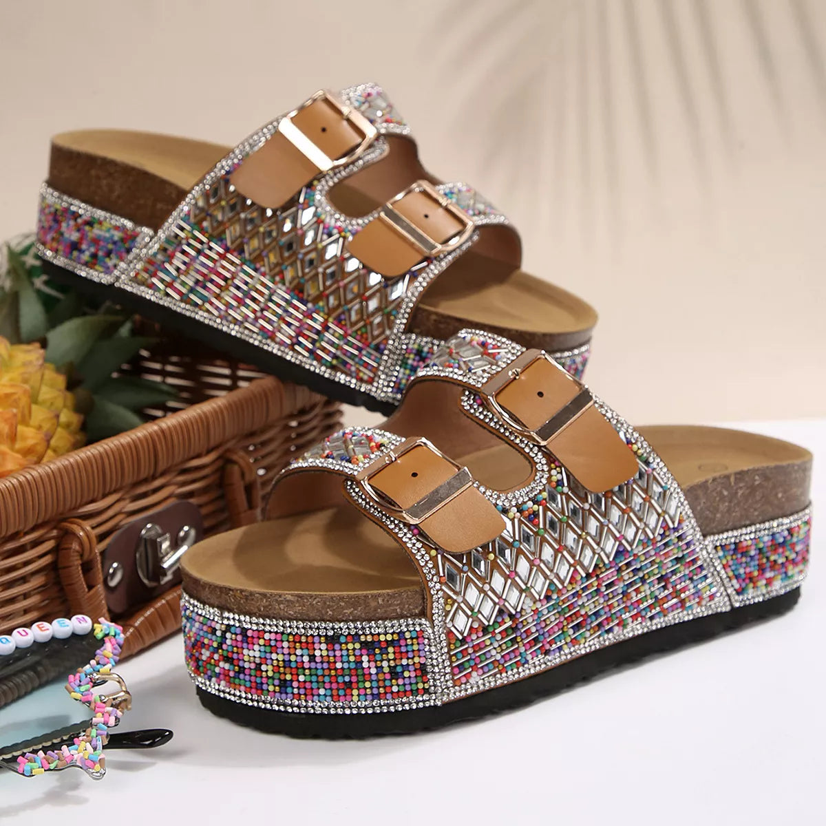 Shopimist rhinestone double buckle sandals with stylish straps and embellished details, perfect for summer footwear.