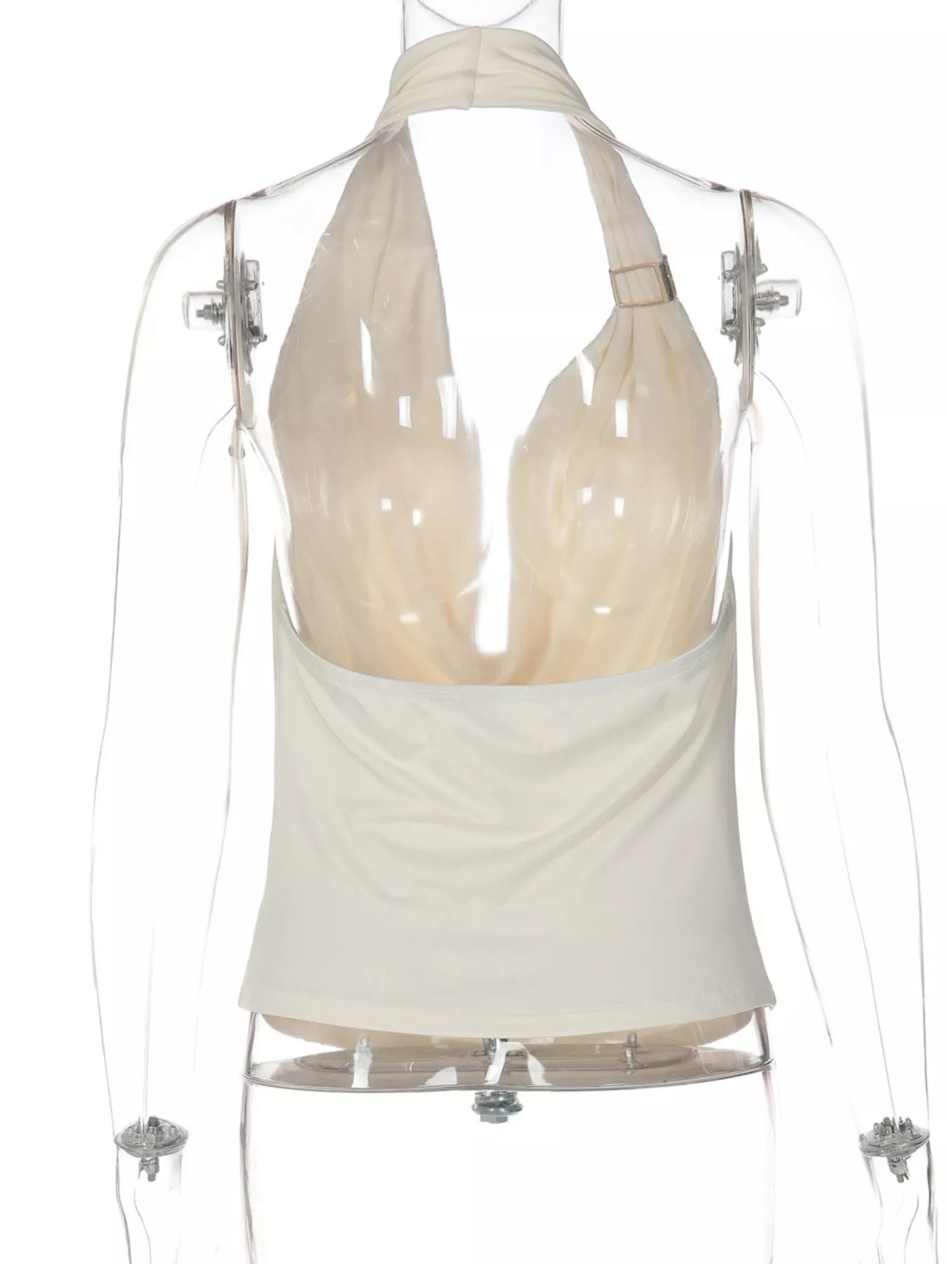 Black halter neck ruched tank top by Shopimist, featuring a fitted design and gathered fabric at the bust.