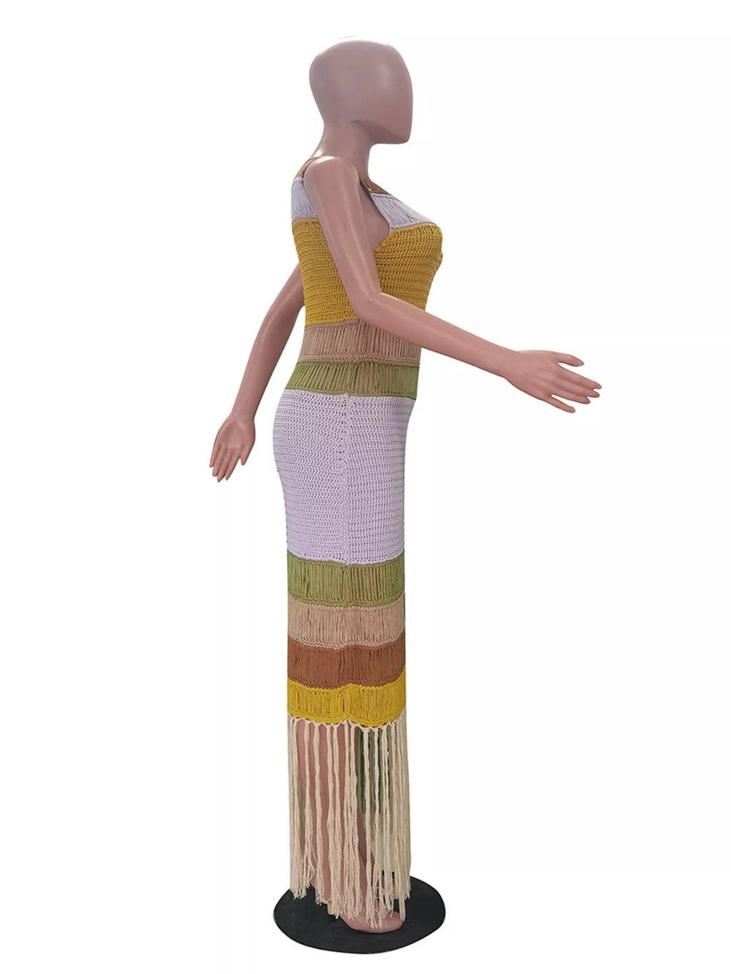 Color block maxi dress by Shopimist featuring fringe crochet knit details and a flowing silhouette.