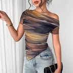 Women’s tie-dye one-shoulder mesh ruched top by Plush Fashion Hub, featuring an asymmetrical stretch tee for casual outings.