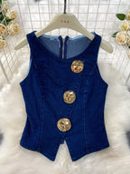 Button detail vest and flare jeans denim set by Shopimist, featuring a stylish sleeveless vest and wide-leg jeans.