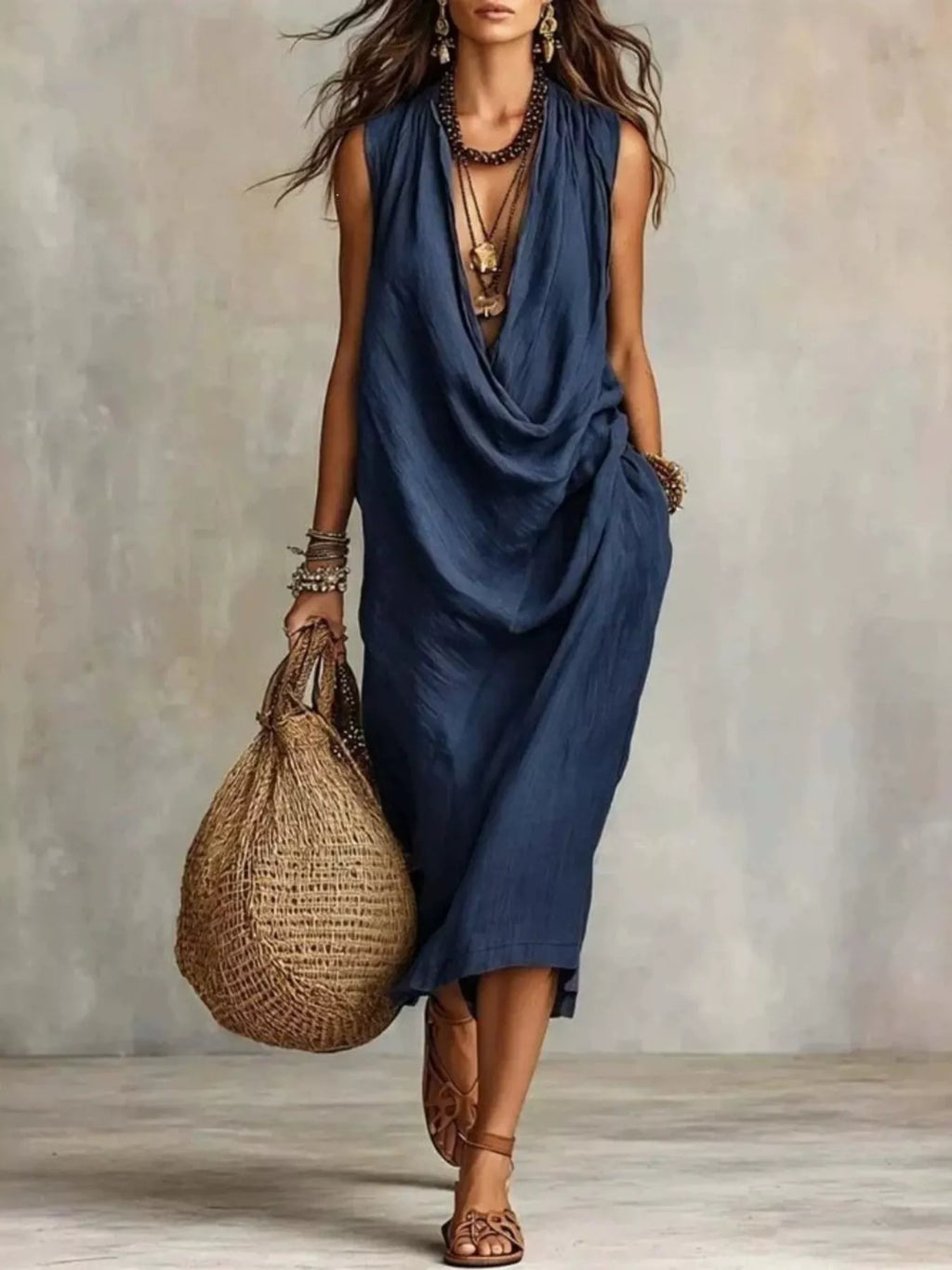 Plus size full size cowl neck sleeveless midi dress by Trendsi, featuring a flowing silhouette and elegant design.